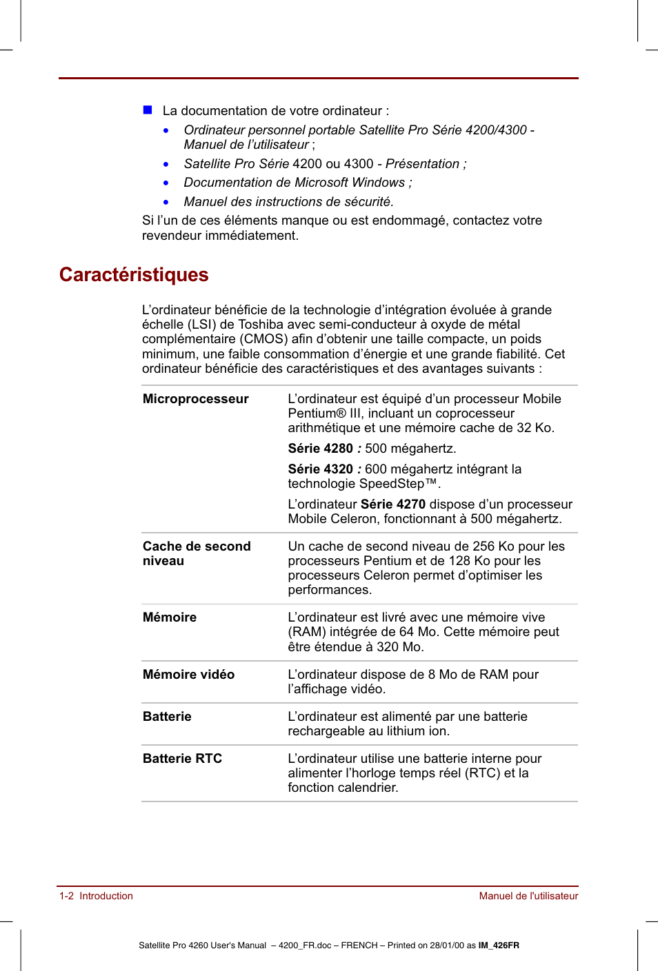 Caractéristiques | Toshiba Satellite Pro 4220 User Manual | Page 22 / 238