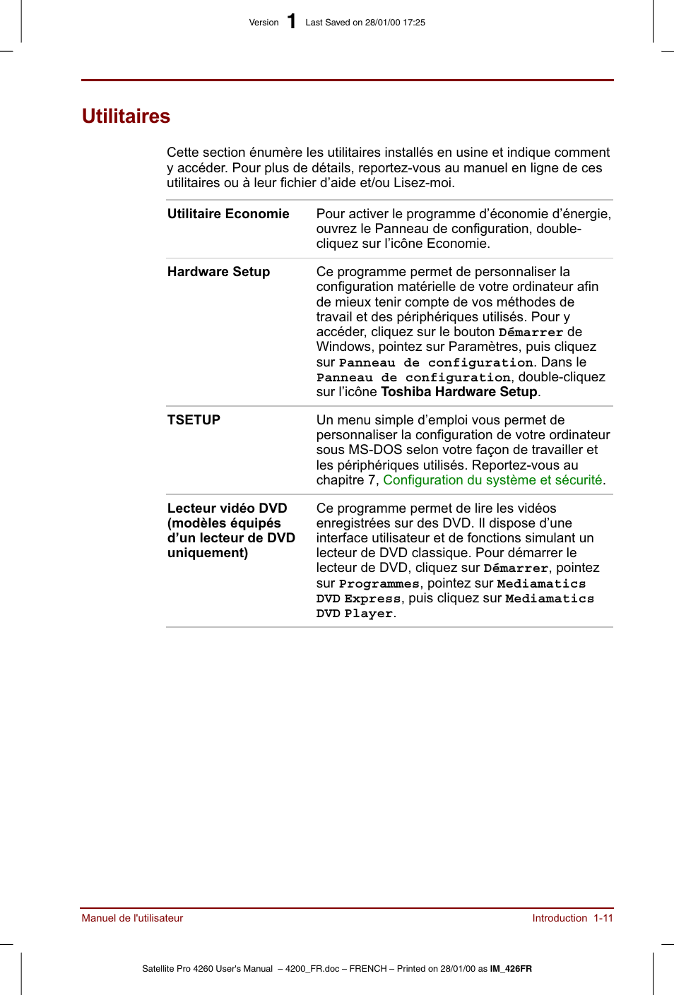 Utilitaires | Toshiba Satellite Pro 4220 User Manual | Page 31 / 238