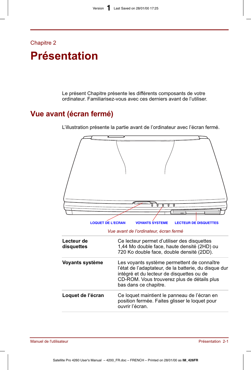 Chapitre 2, Présentation, Vue avant (écran fermé) | Toshiba Satellite Pro 4220 User Manual | Page 35 / 238