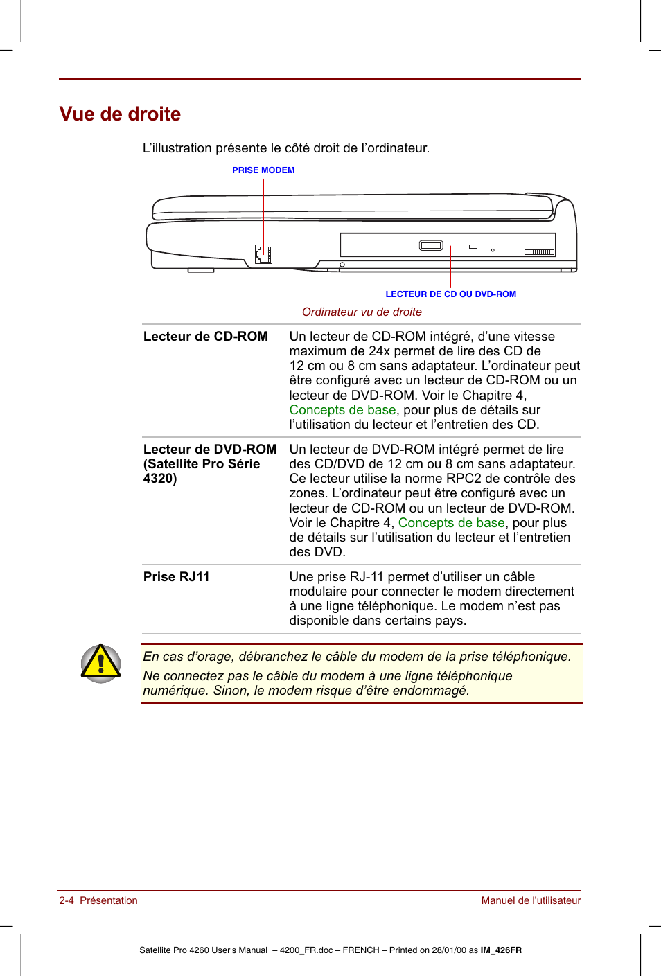 Vue de droite | Toshiba Satellite Pro 4220 User Manual | Page 38 / 238