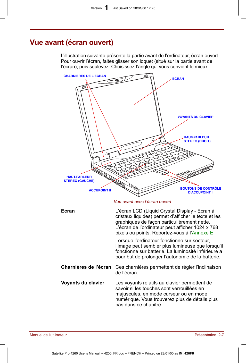 Vue avant (écran ouvert) | Toshiba Satellite Pro 4220 User Manual | Page 41 / 238