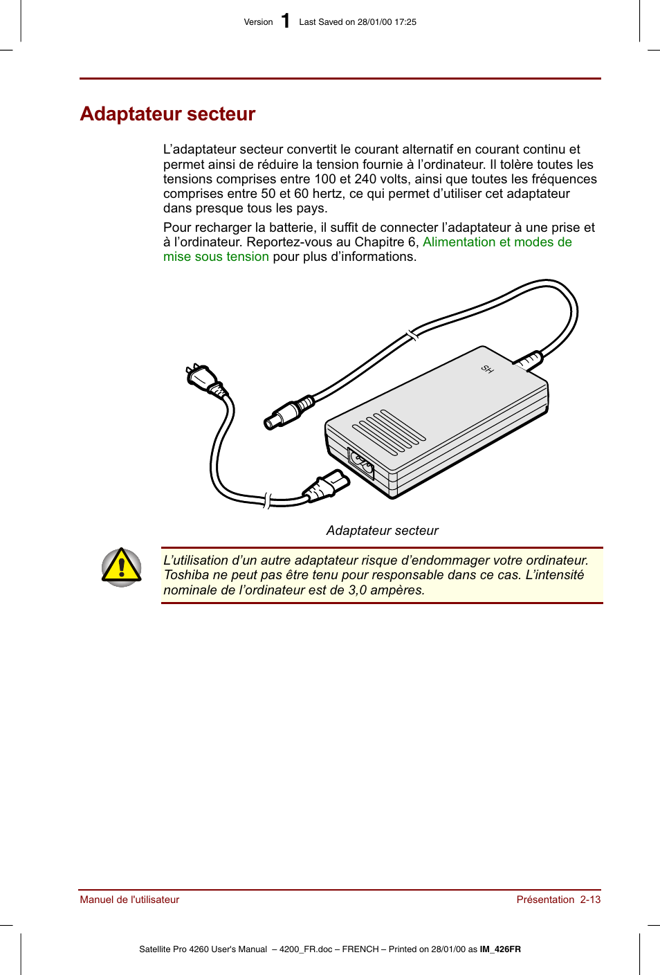 Adaptateur secteur | Toshiba Satellite Pro 4220 User Manual | Page 47 / 238