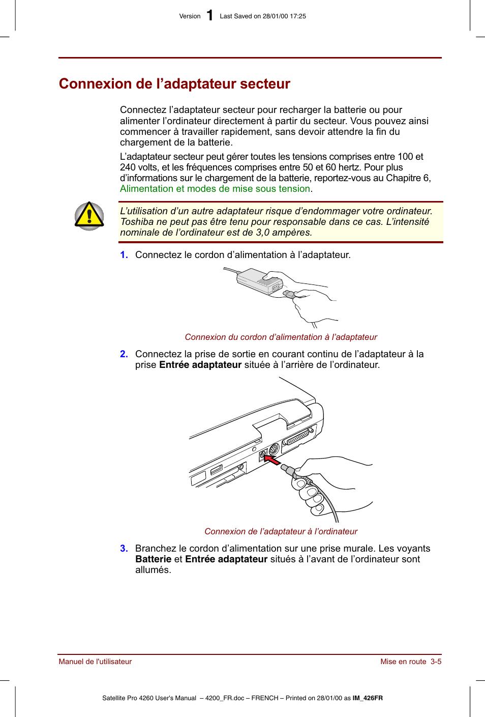 Connexion de l’adaptateur secteur | Toshiba Satellite Pro 4220 User Manual | Page 53 / 238