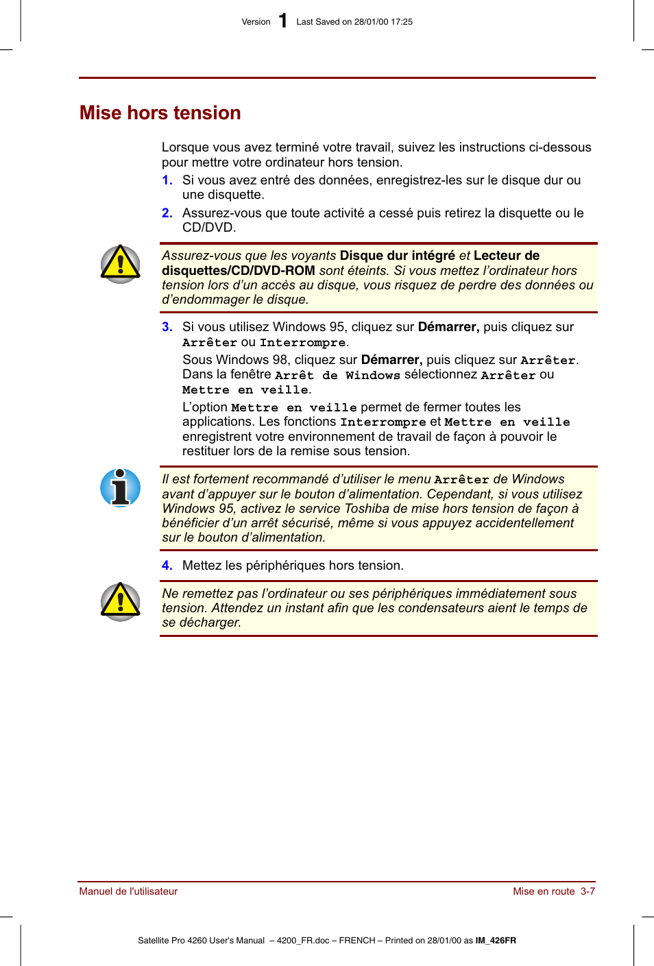 Mise hors tension | Toshiba Satellite Pro 4220 User Manual | Page 55 / 238