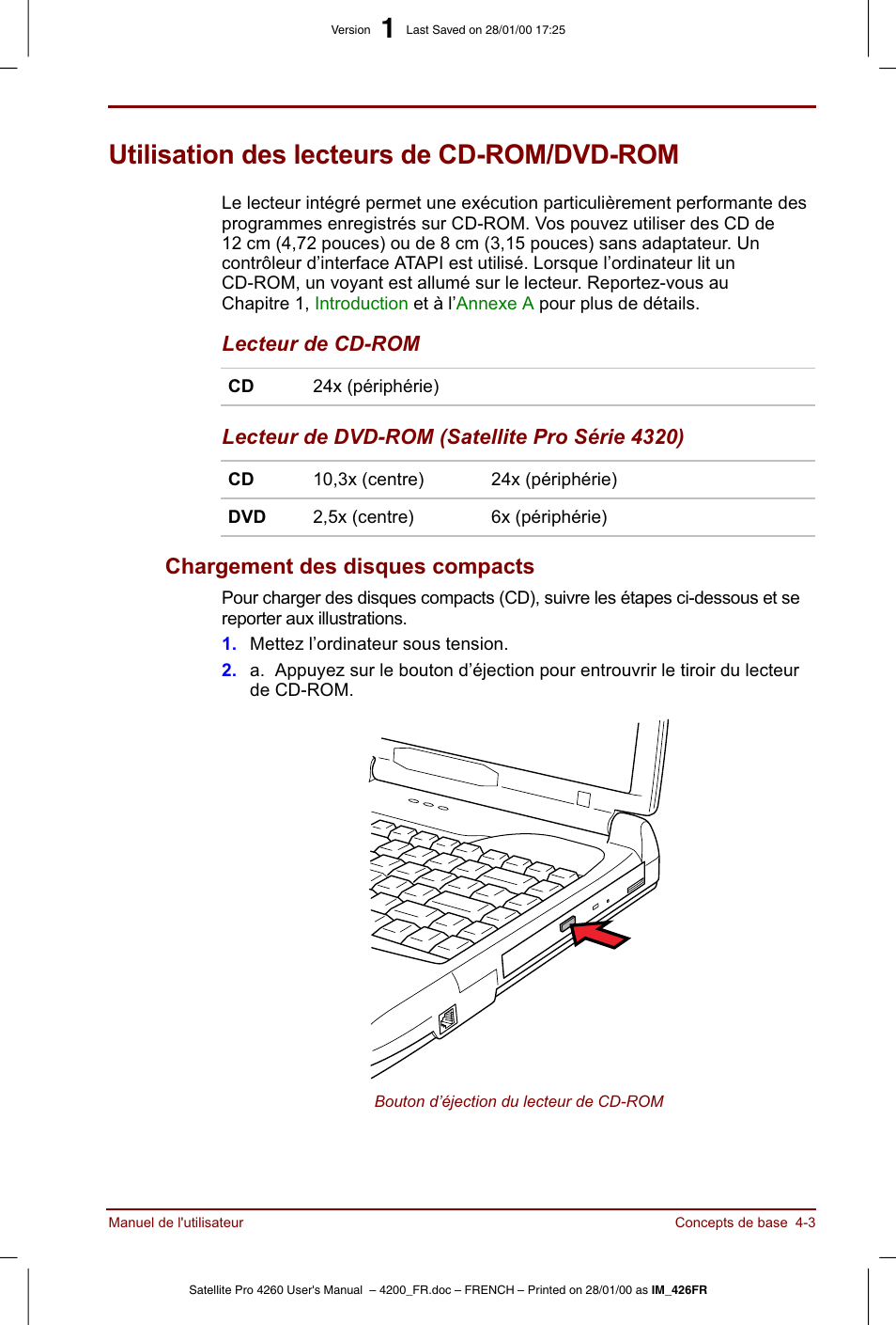 Utilisation des lecteurs de cd-rom/dvd-rom | Toshiba Satellite Pro 4220 User Manual | Page 61 / 238