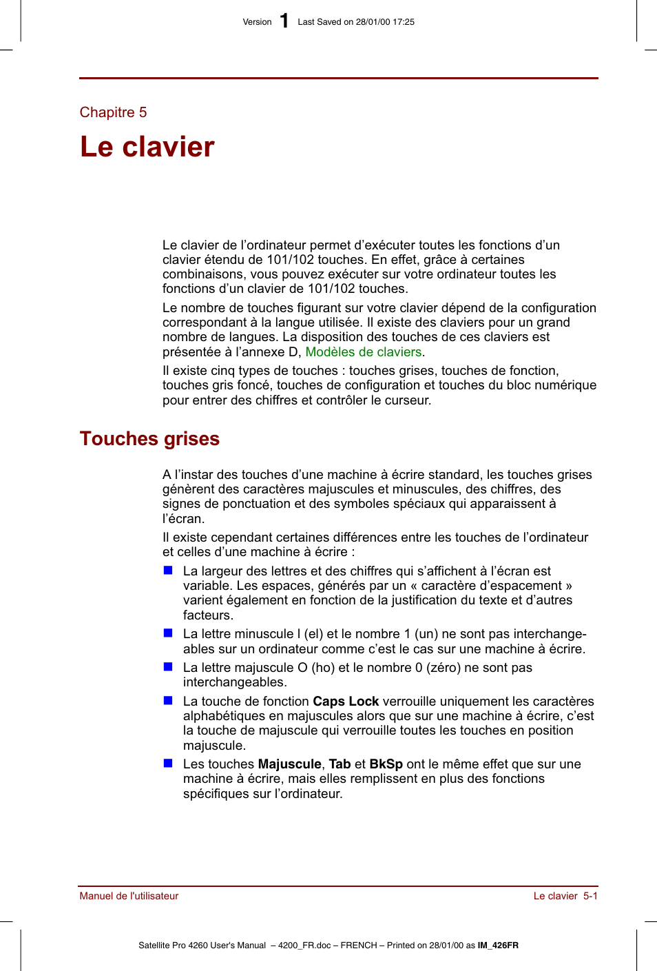 Chapitre 5, Le clavier, Touches grises | Toshiba Satellite Pro 4220 User Manual | Page 71 / 238