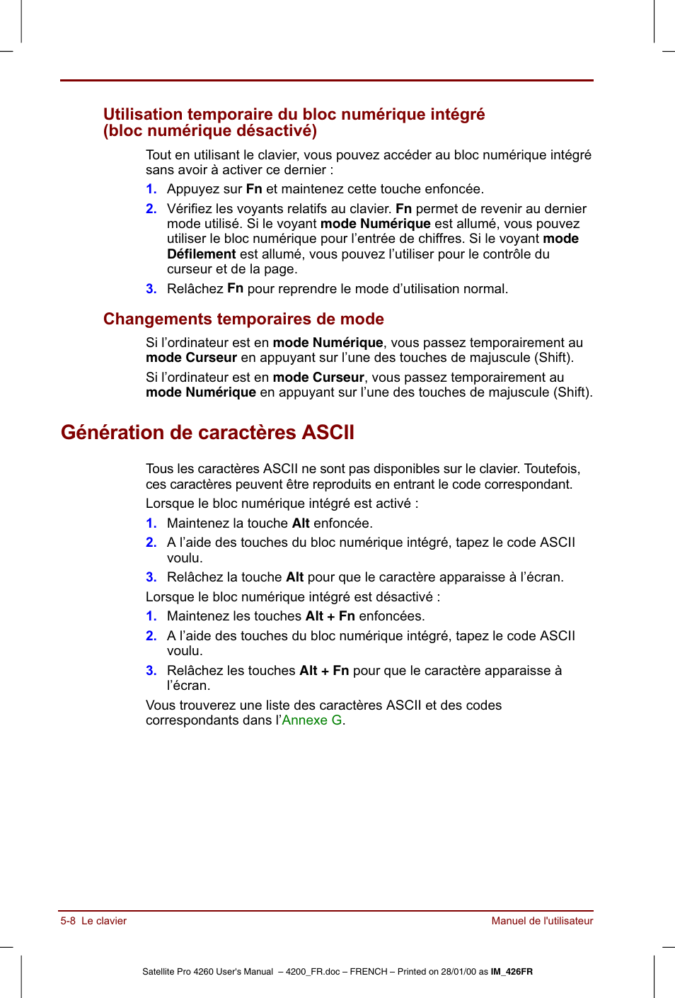 Génération de caractères ascii, G      h | Toshiba Satellite Pro 4220 User Manual | Page 78 / 238