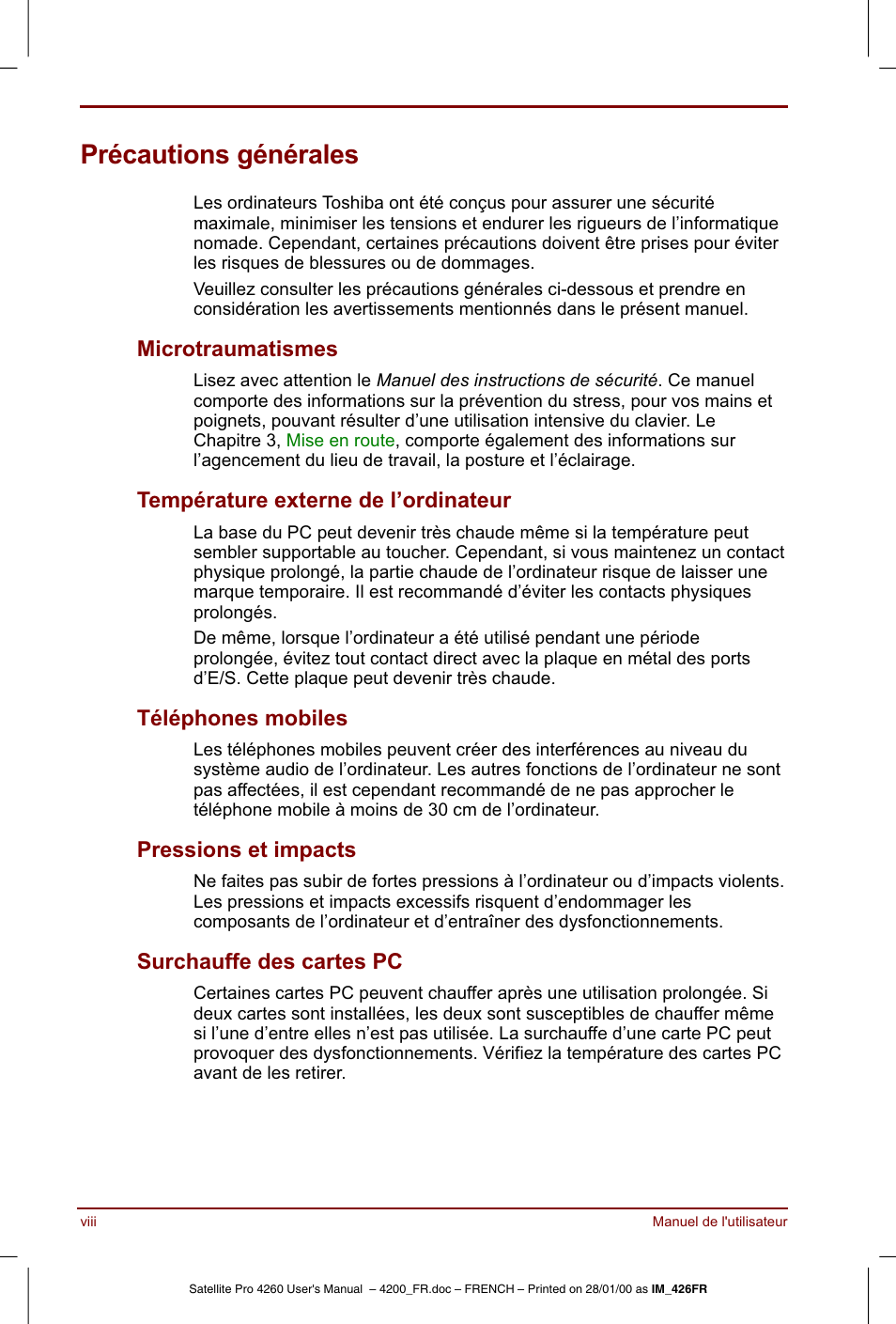 Précautions générales | Toshiba Satellite Pro 4220 User Manual | Page 8 / 238