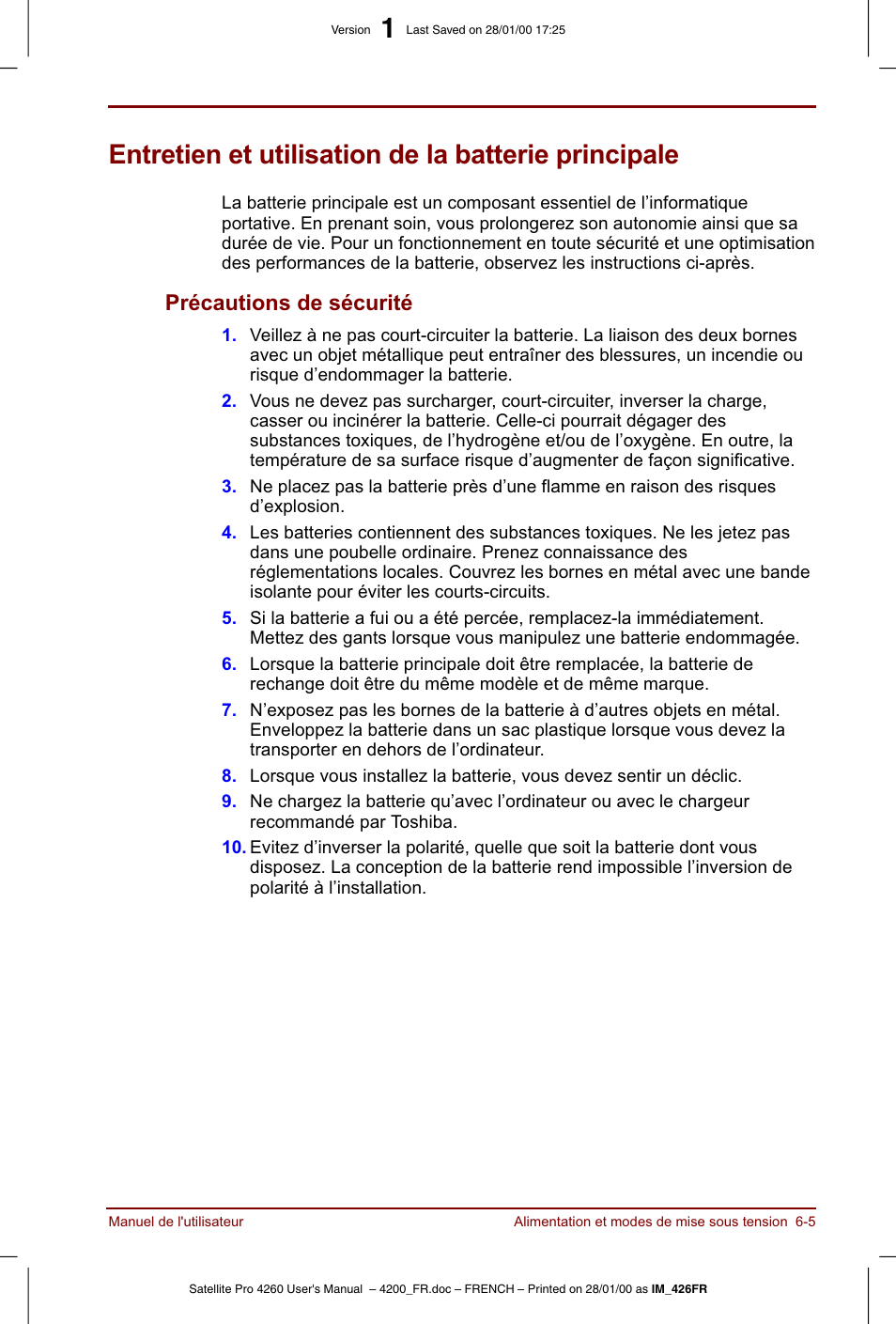 Entretien et utilisation de la batterie principale | Toshiba Satellite Pro 4220 User Manual | Page 83 / 238