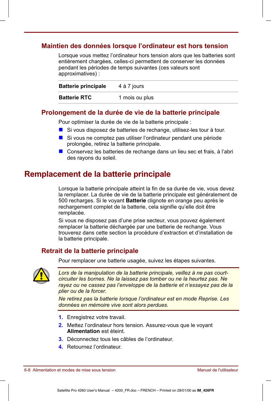 Remplacement de la batterie principale | Toshiba Satellite Pro 4220 User Manual | Page 86 / 238