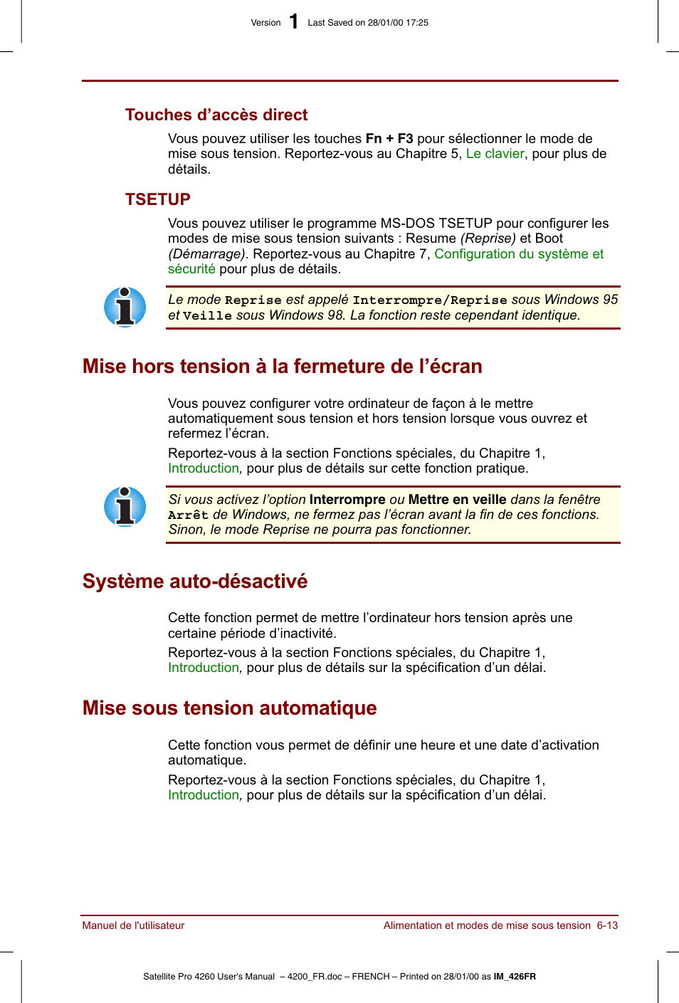 Mise hors tension à la fermeture de l’écran, Système auto-désactivé, Mise sous tension automatique | Toshiba Satellite Pro 4220 User Manual | Page 91 / 238