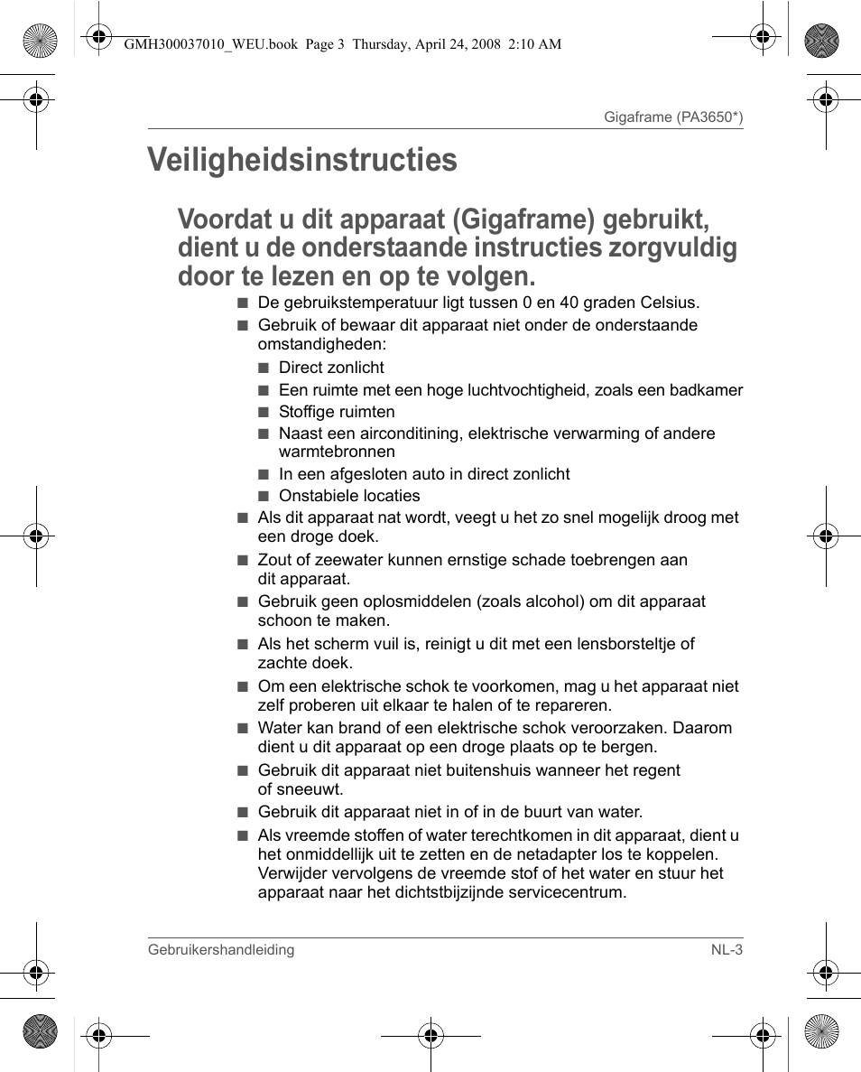 Veiligheidsinstructies | Toshiba Gigaframe Q-Series User Manual | Page 103 / 220