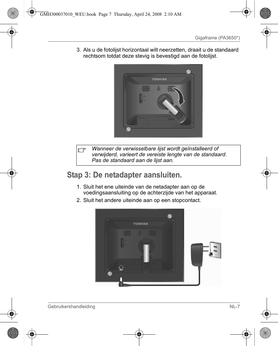 Stap 3: de netadapter aansluiten | Toshiba Gigaframe Q-Series User Manual | Page 107 / 220
