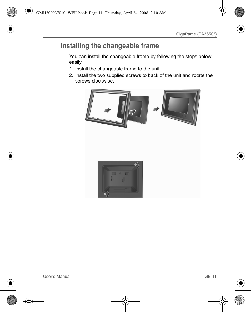 Installing the changeable frame | Toshiba Gigaframe Q-Series User Manual | Page 11 / 220