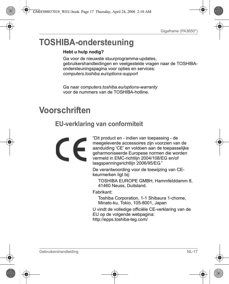 Toshiba-ondersteuning, Voorschriften, Eu-verklaring van conformiteit | Toshiba Gigaframe Q-Series User Manual | Page 117 / 220