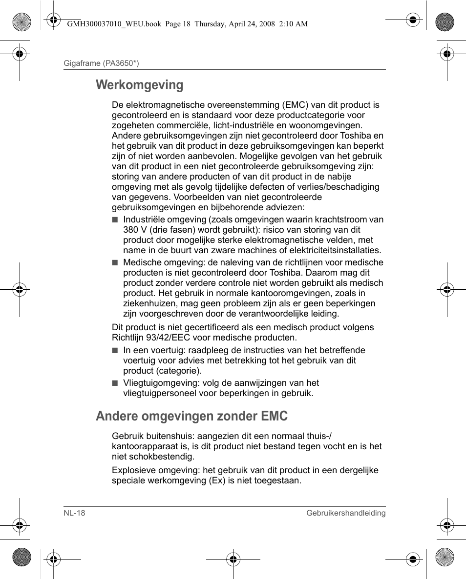 Werkomgeving, Andere omgevingen zonder emc | Toshiba Gigaframe Q-Series User Manual | Page 118 / 220