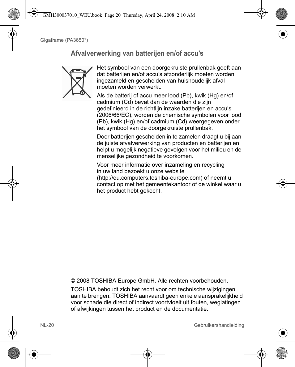 Afvalverwerking van batterijen en/of accu’s | Toshiba Gigaframe Q-Series User Manual | Page 120 / 220