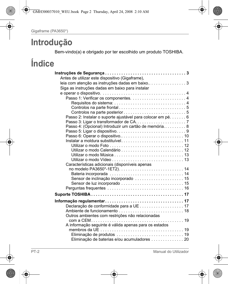 Introdução, Índice | Toshiba Gigaframe Q-Series User Manual | Page 122 / 220