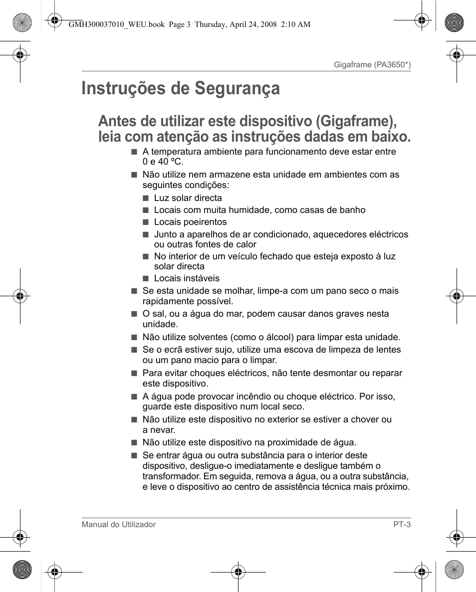 Instruções de segurança | Toshiba Gigaframe Q-Series User Manual | Page 123 / 220