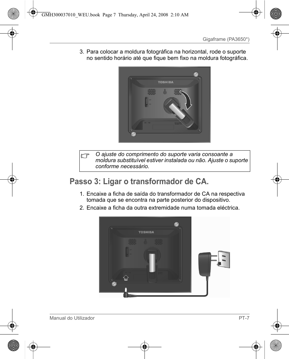 Passo 3: ligar o transformador de ca | Toshiba Gigaframe Q-Series User Manual | Page 127 / 220
