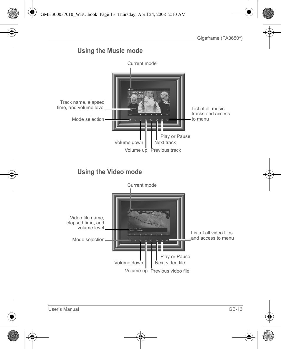 Using the music mode using the video mode | Toshiba Gigaframe Q-Series User Manual | Page 13 / 220
