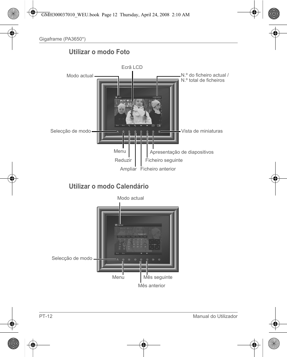 Utilizar o modo foto utilizar o modo calendário | Toshiba Gigaframe Q-Series User Manual | Page 132 / 220