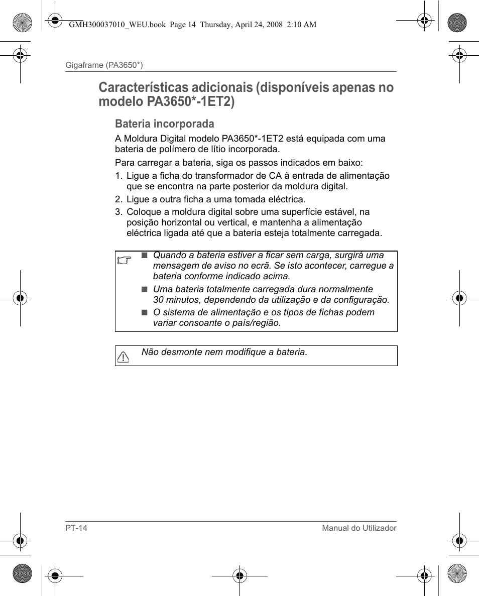 Bateria incorporada | Toshiba Gigaframe Q-Series User Manual | Page 134 / 220