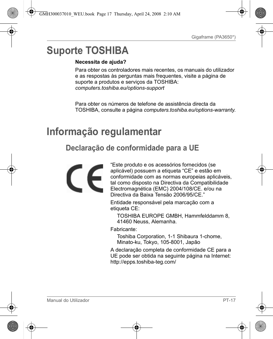Suporte toshiba, Informação regulamentar, Declaração de conformidade para a ue | Toshiba Gigaframe Q-Series User Manual | Page 137 / 220