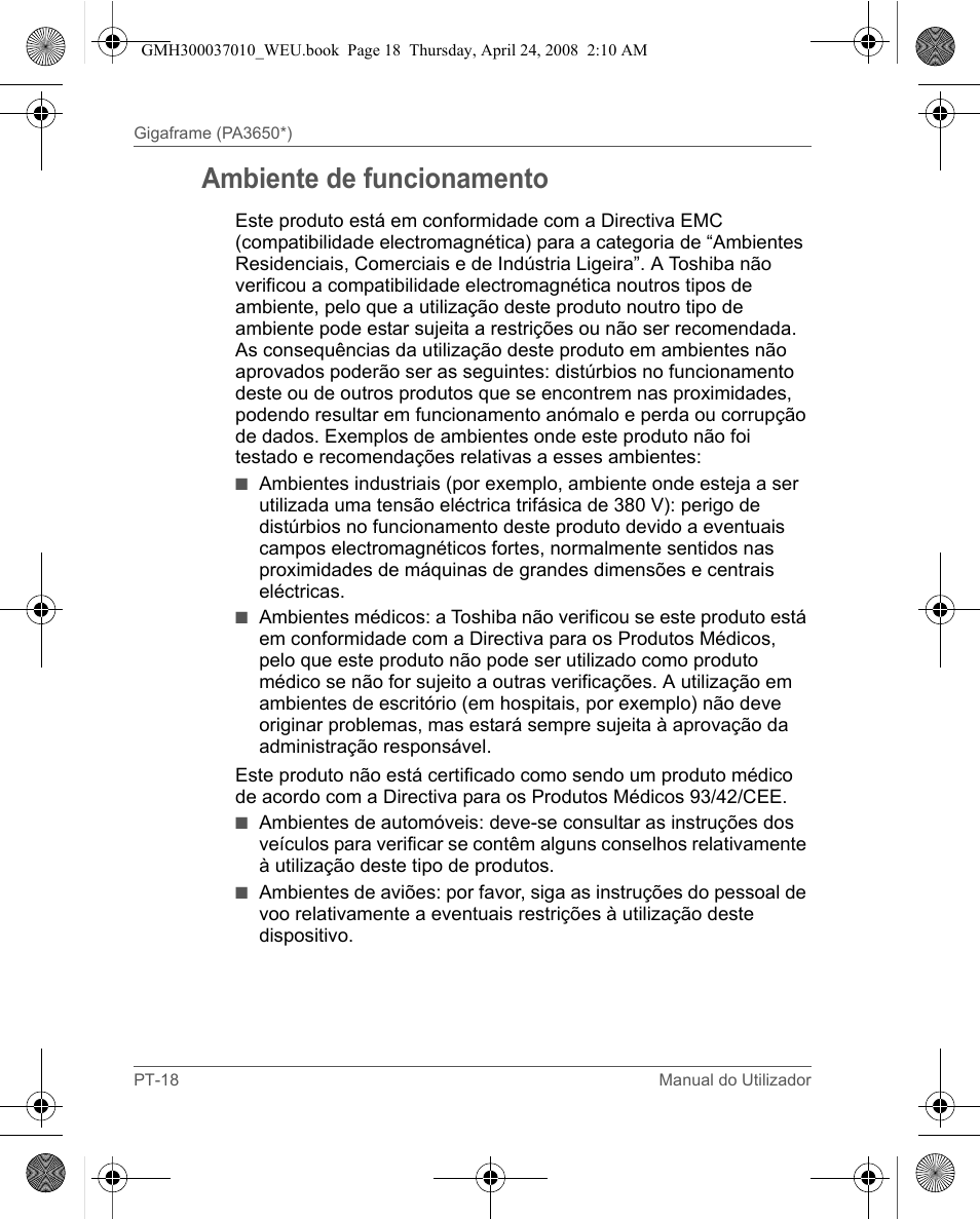 Ambiente de funcionamento | Toshiba Gigaframe Q-Series User Manual | Page 138 / 220