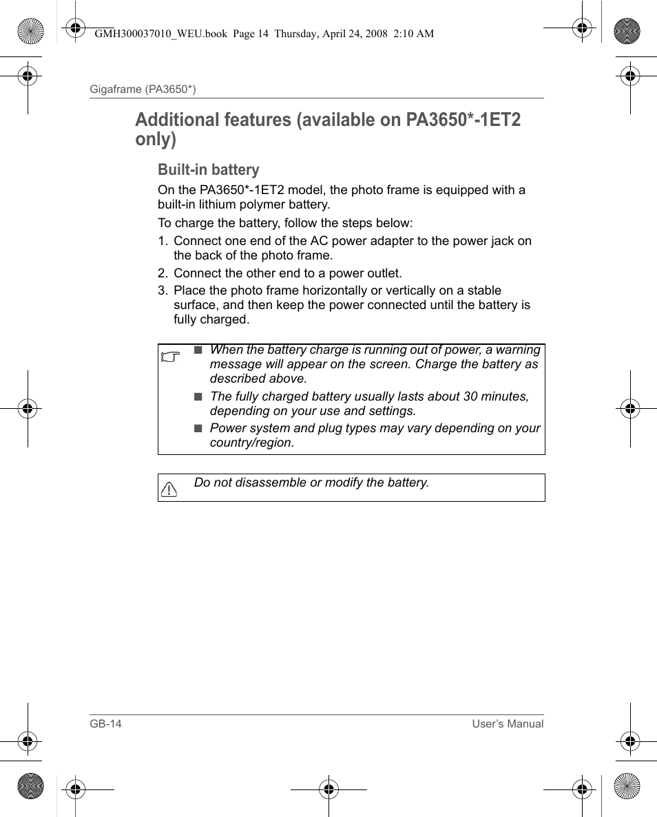 Built-in battery | Toshiba Gigaframe Q-Series User Manual | Page 14 / 220