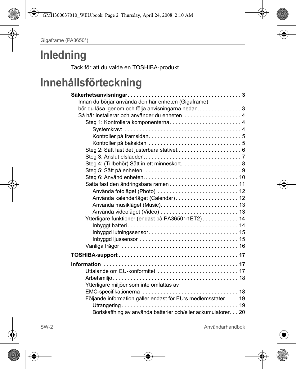 Inledning, Innehållsförteckning | Toshiba Gigaframe Q-Series User Manual | Page 142 / 220