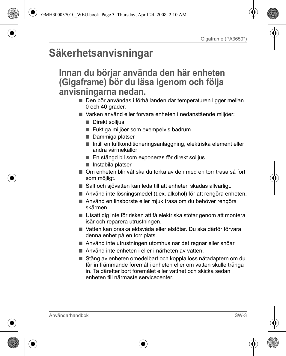 Säkerhetsanvisningar | Toshiba Gigaframe Q-Series User Manual | Page 143 / 220