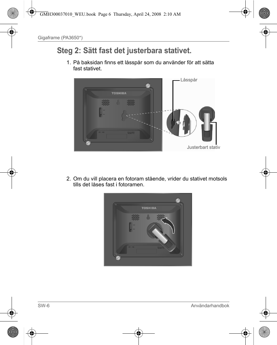 Steg 2: sätt fast det justerbara stativet | Toshiba Gigaframe Q-Series User Manual | Page 146 / 220