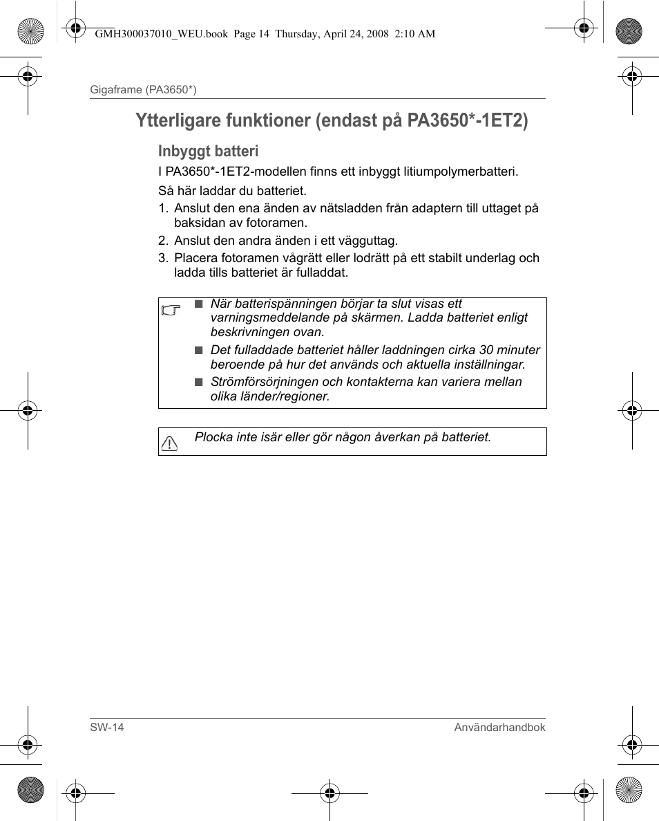 Inbyggt batteri | Toshiba Gigaframe Q-Series User Manual | Page 154 / 220