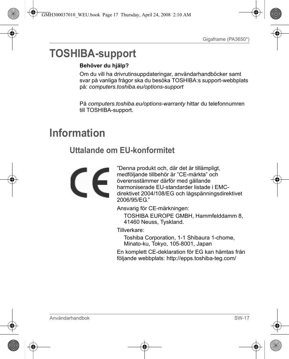 Toshiba-support, Information, Uttalande om eu-konformitet | Toshiba Gigaframe Q-Series User Manual | Page 157 / 220