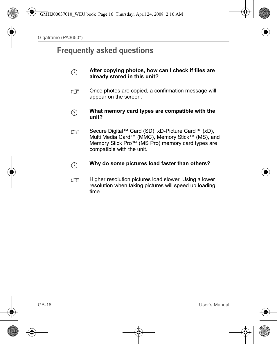 Frequently asked questions | Toshiba Gigaframe Q-Series User Manual | Page 16 / 220
