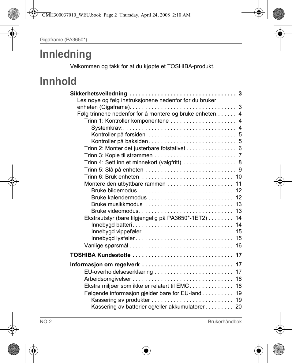 Innledning, Innhold | Toshiba Gigaframe Q-Series User Manual | Page 162 / 220