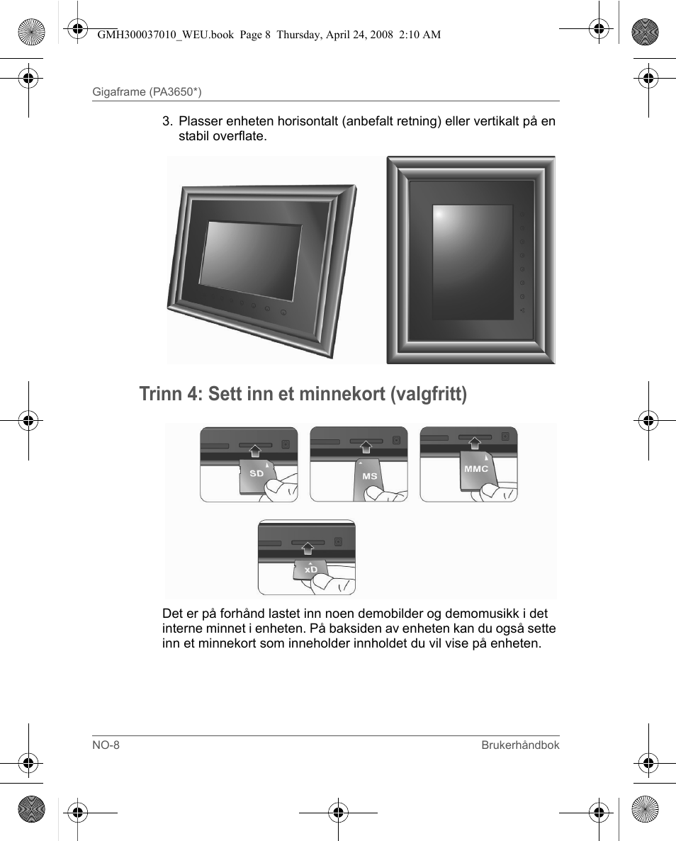 Trinn 4: sett inn et minnekort (valgfritt) | Toshiba Gigaframe Q-Series User Manual | Page 168 / 220