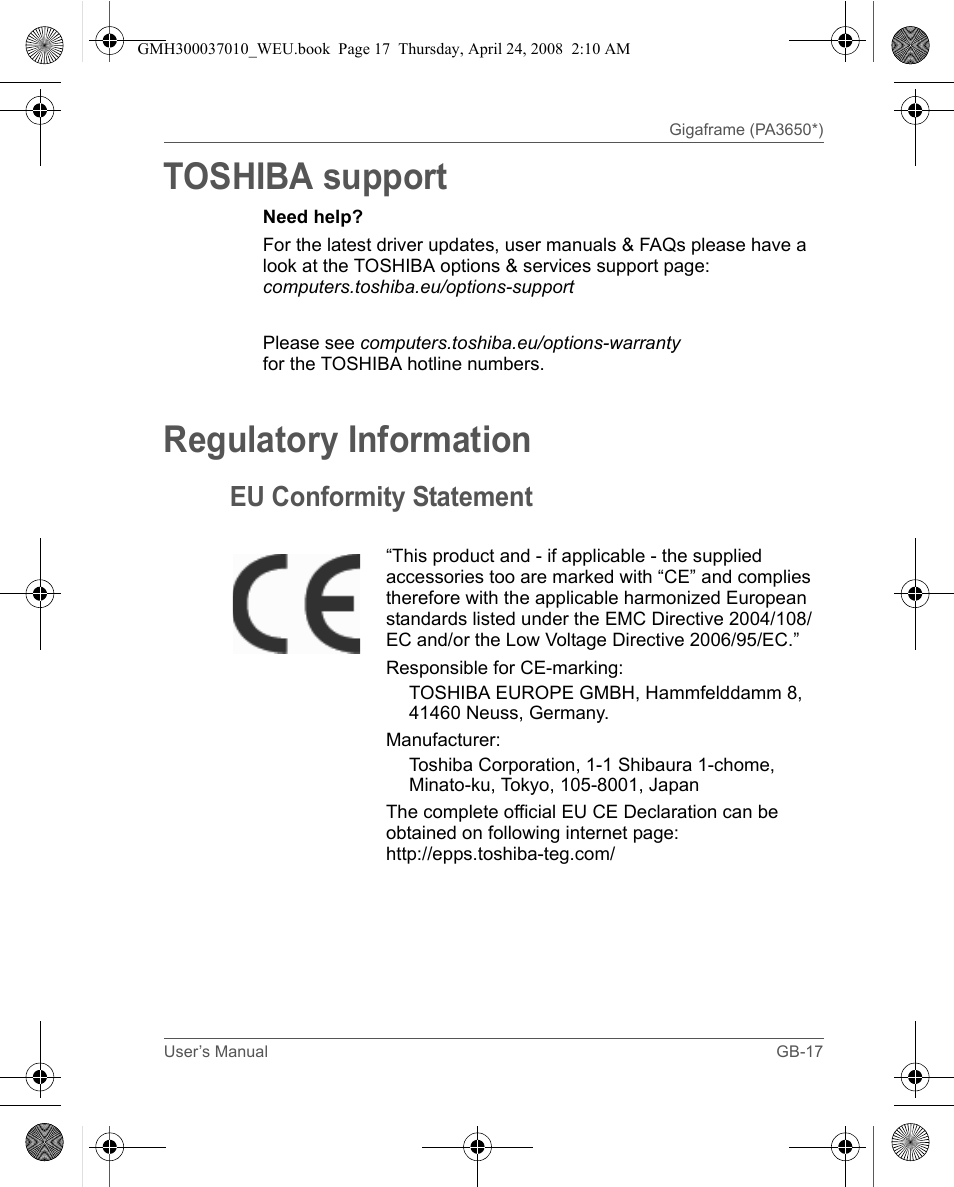 Toshiba support, Regulatory information, Eu conformity statement | Toshiba Gigaframe Q-Series User Manual | Page 17 / 220