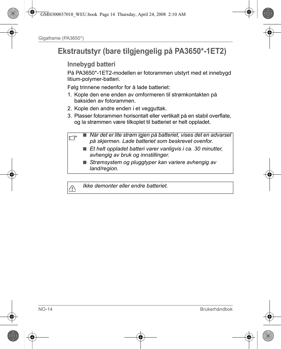 Innebygd batteri | Toshiba Gigaframe Q-Series User Manual | Page 174 / 220