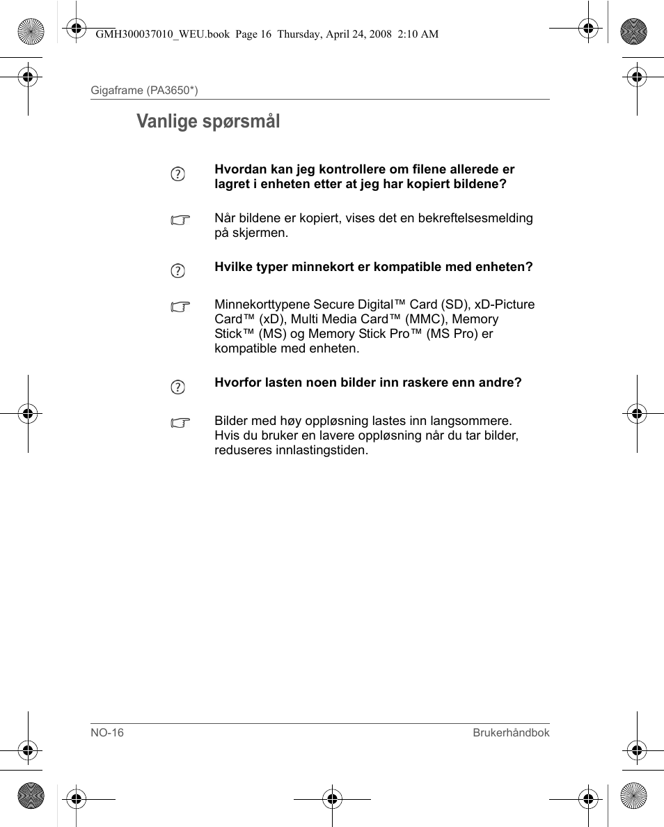 Vanlige spørsmål | Toshiba Gigaframe Q-Series User Manual | Page 176 / 220