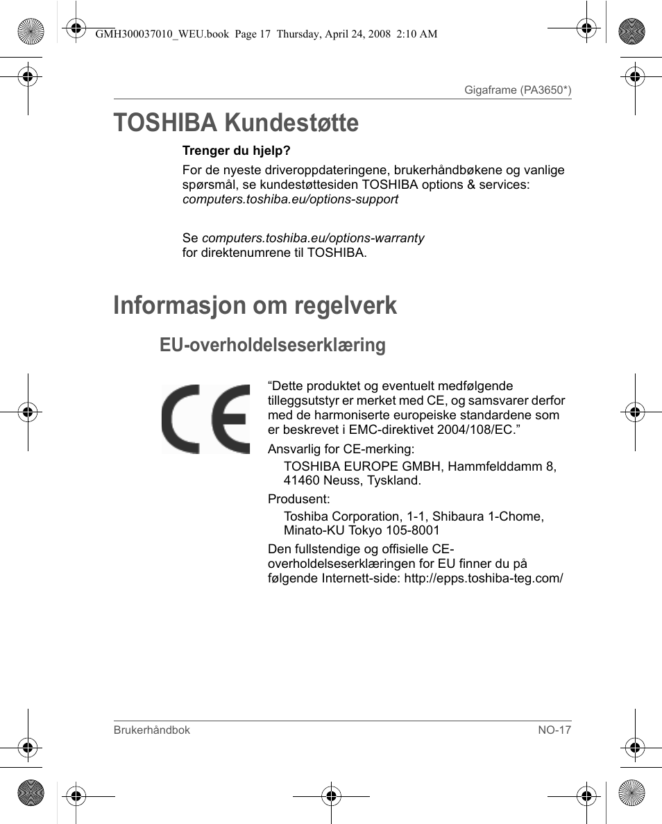 Toshiba kundestøtte, Informasjon om regelverk, Eu-overholdelseserklæring | Toshiba Gigaframe Q-Series User Manual | Page 177 / 220