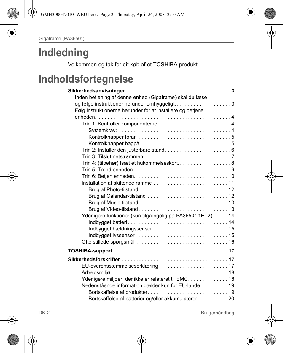 Indledning, Indholdsfortegnelse | Toshiba Gigaframe Q-Series User Manual | Page 182 / 220