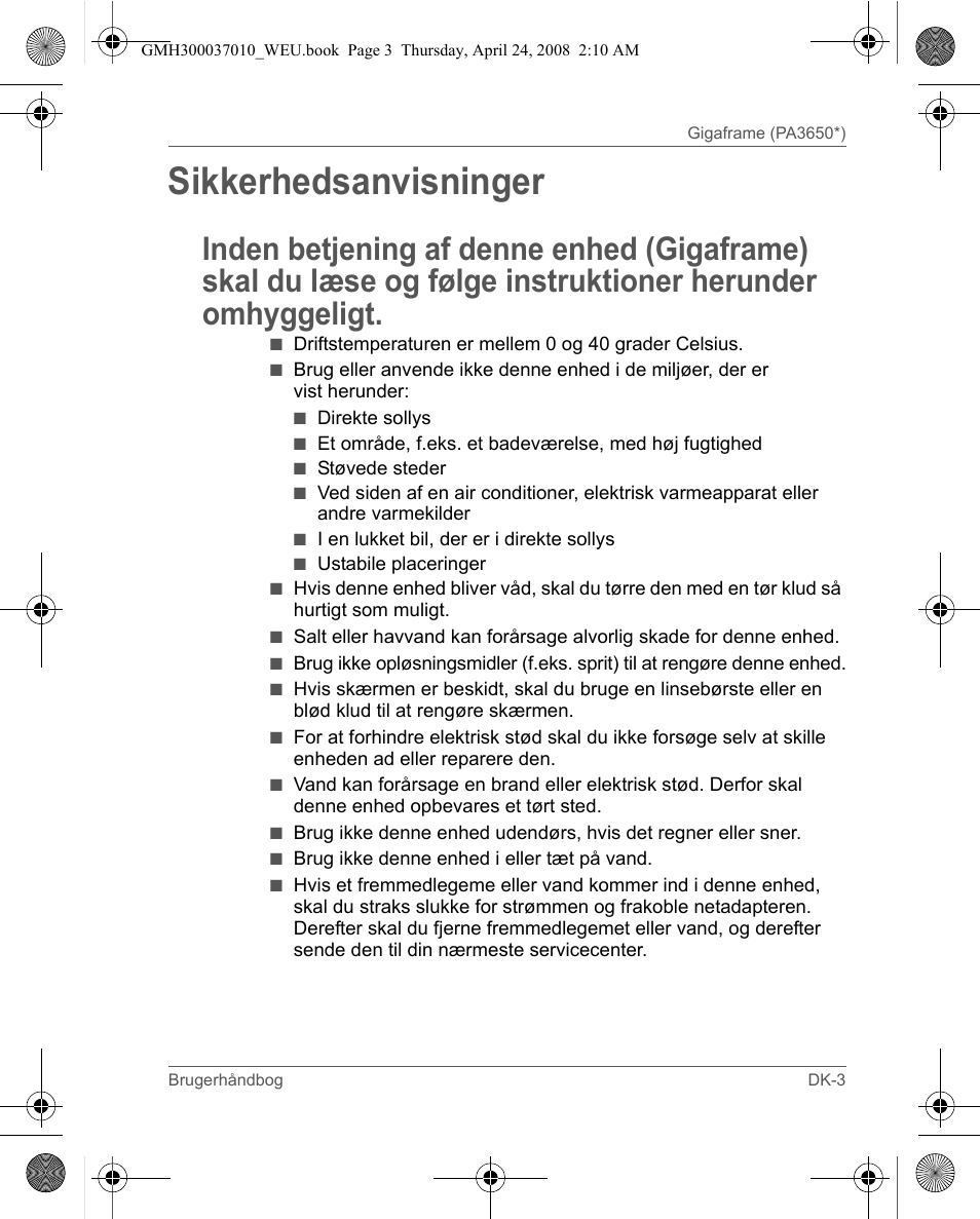 Sikkerhedsanvisninger | Toshiba Gigaframe Q-Series User Manual | Page 183 / 220