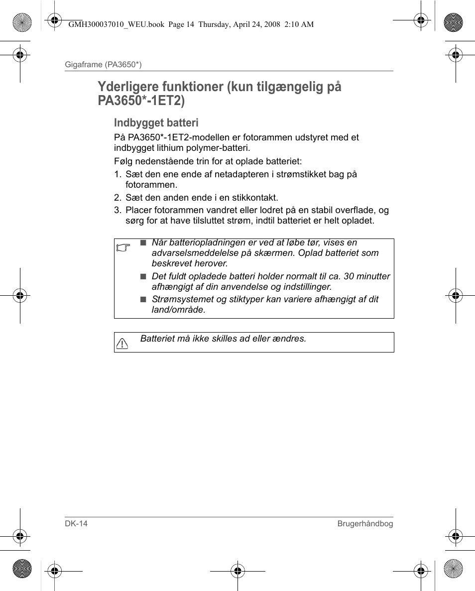 Indbygget batteri | Toshiba Gigaframe Q-Series User Manual | Page 194 / 220
