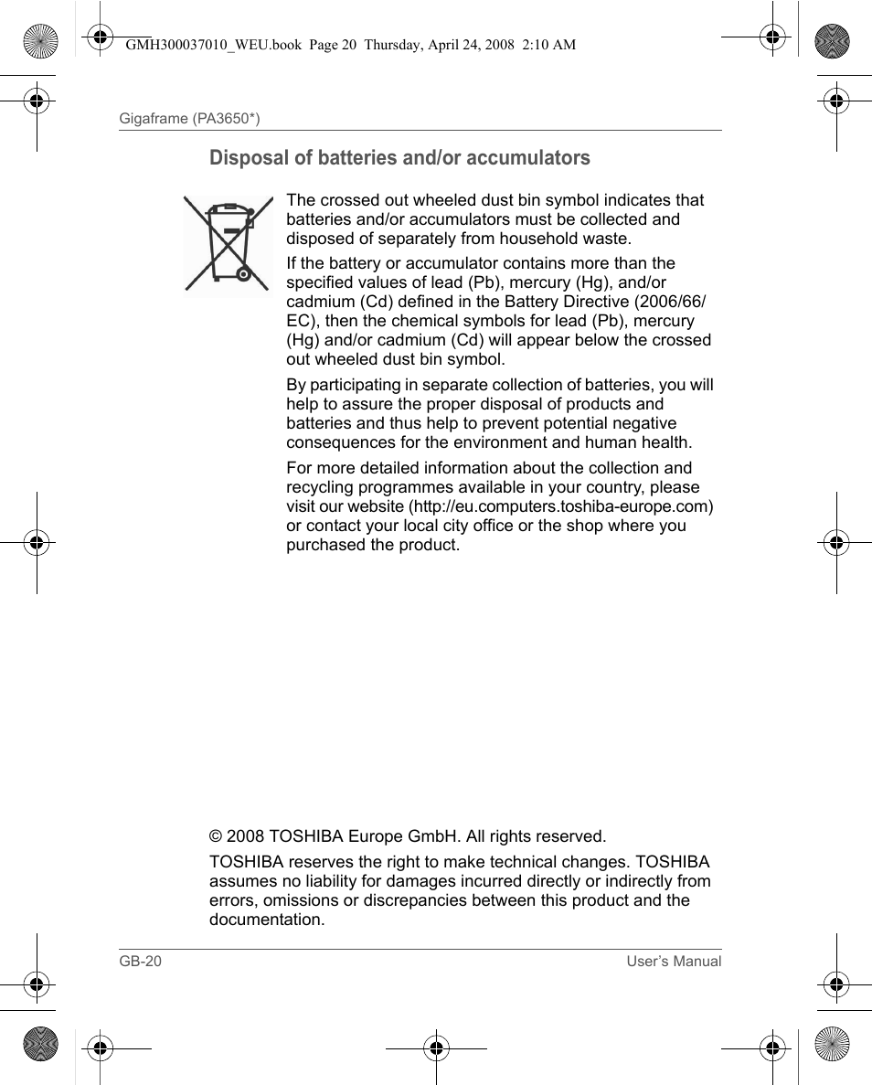 Disposal of batteries and/or accumulators | Toshiba Gigaframe Q-Series User Manual | Page 20 / 220