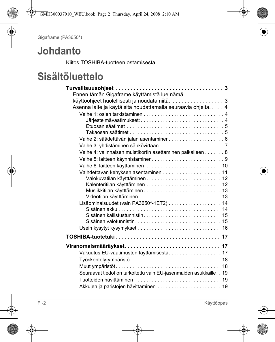 Johdanto, Sisältöluettelo | Toshiba Gigaframe Q-Series User Manual | Page 202 / 220