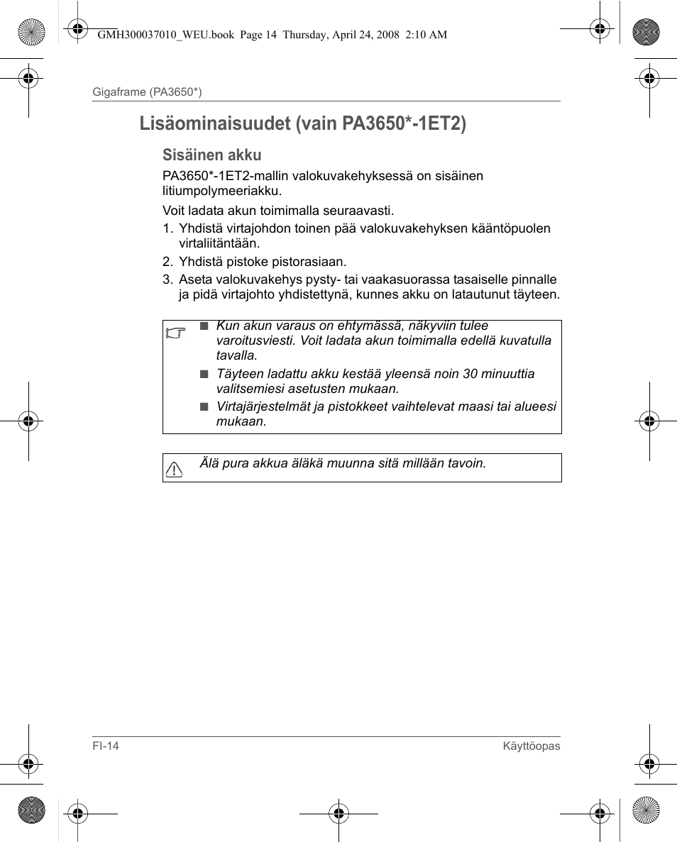 Sisäinen akku | Toshiba Gigaframe Q-Series User Manual | Page 214 / 220