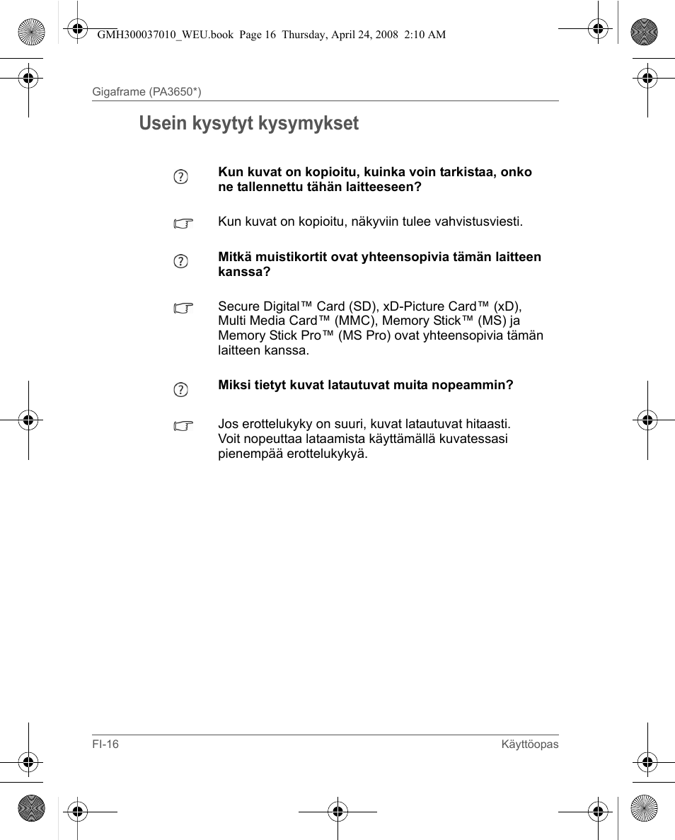 Usein kysytyt kysymykset | Toshiba Gigaframe Q-Series User Manual | Page 216 / 220