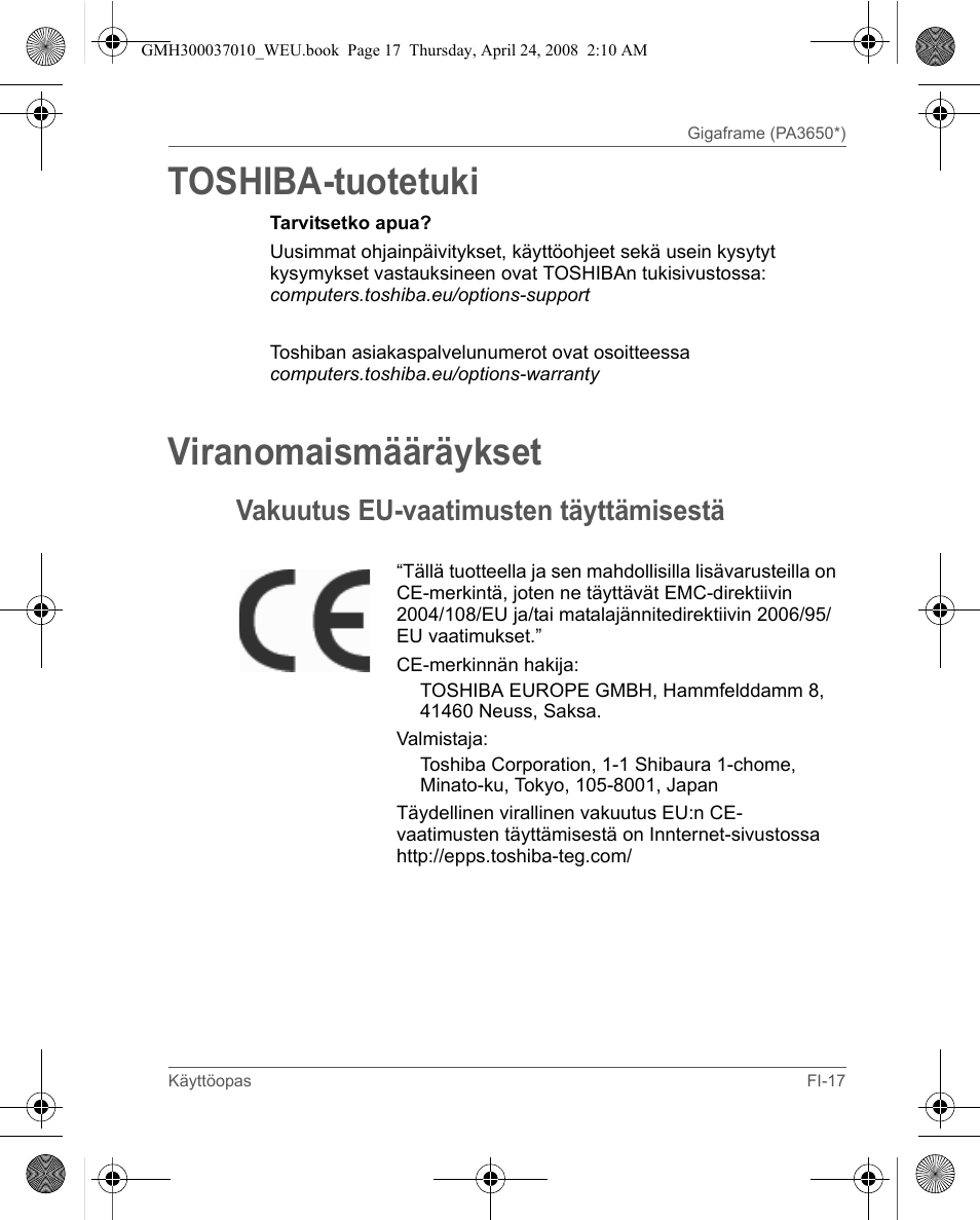 Toshiba-tuotetuki, Viranomaismääräykset, Vakuutus eu-vaatimusten täyttämisestä | Toshiba Gigaframe Q-Series User Manual | Page 217 / 220